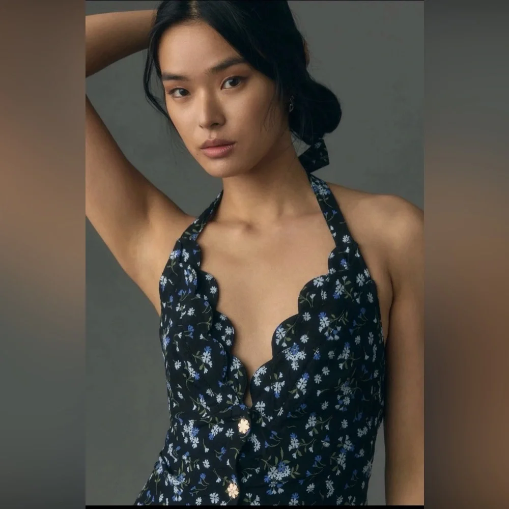 Anthropologie Maeve Black & Blue Floral Halter Dress | Fit & Flare Sz 14 - Picture 2 of 6